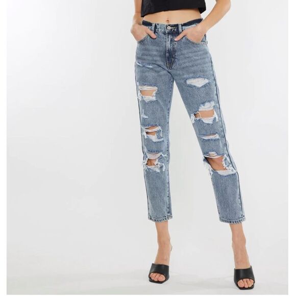 KanCan Karen High Rise Mom Distressed Denim Cropped Jeans 13/30 - Picture 12 of 13